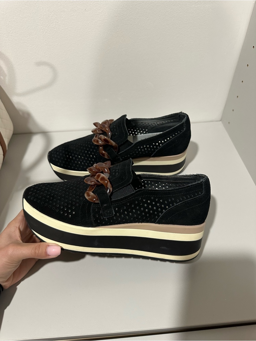 Dolce Vita Black Platform Slip-On Sneakers with Tortoiseshell Chain